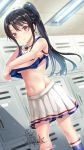  1girl bare_shoulders black_hair blush breasts cheerleader gleision_adain high_school_fleet long_hair looking_at_viewer medium_breasts munetani_mashiro navel no_bra ponytail red_eyes shirt shirt_lift skirt smile solo standing thighs under_boob undressing 