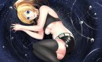  1girl ayase_eli black_legwear black_shorts blonde_hair blue_eyes breasts character_name crop_top eyebrows_visible_through_hair hands_up heart highres large_breasts legs_together long_hair looking_at_viewer love_live! love_live!_school_idol_project lying mahou_shounen on_side open_mouth own_hands_together ponytail rain ripples shorts sidelocks smile solo thigh-highs thighs under_boob 