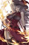  10s 1girl arm_up armpits breasts eu03 fire flame granblue_fantasy highres huge_breasts long_hair magisa_(granblue_fantasy) red_eyes silver_hair simple_background solo staff white_background 