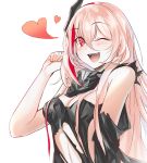  1girl ;d bandanna bangs blush breasts eyebrows_visible_through_hair fangs girls_frontline hair_between_eyes hand_up headgear heart highres long_hair looking_at_viewer m4_sopmod_ii_(girls_frontline) medium_breasts multicolored_hair one_eye_closed open_mouth pink_hair redhead simple_background smile snowru solo streaked_hair teeth torn_clothes upper_body very_long_hair white_background 