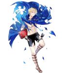  1boy abs blonde_hair book cape fire_emblem fire_emblem_heroes fire_emblem_if full_body gloves hairband highres injury kotetsu_(popeethe) leon_(fire_emblem_if) male_focus navel official_art one_eye_closed red_eyes sandals shirtless short_hair solo swimsuit teeth tomato torn_clothes transparent_background water 