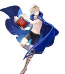  1boy abs blonde_hair book cape fire_emblem fire_emblem_heroes fire_emblem_if full_body hairband highres kotetsu_(popeethe) leon_(fire_emblem_if) navel official_art open_mouth red_eyes sandals shirtless solo swimsuit tomato transparent_background 