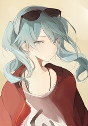  1girl aqua_eyes aqua_hair bangs cardigan closed_mouth collarbone earrings hatsune_miku jewelry long_hair looking_at_viewer lpip off_shoulder open_cardigan open_clothes solo suna_no_wakusei_(vocaloid) sunglasses sunglasses_on_head twintails upper_body vocaloid wavy_hair 