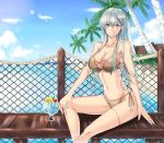  1girl :d aqua_eyes aqua_hair bikini breasts clouds collarbone glass hair_ornament hairclip hand_on_own_knee highres kantai_collection large_breasts looking_at_viewer luna_(gunfire) open_mouth palm_tree side-tie_bikini sitting sky smile solo suzuya_(kantai_collection) swimsuit thigh_strap tree water 