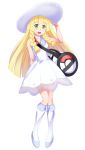  1girl :d bag bare_arms bare_shoulders blonde_hair blue_shoes braid collared_dress commentary_request dress duffel_bag eyebrows_visible_through_hair full_body green_eyes gym_bag hand_on_headwear hat kneehighs lillie_(pokemon) long_hair open_mouth poke_ball_theme pokemon pokemon_(game) pokemon_sm see-through shoes shoulder_bag simple_background sleeveless sleeveless_dress smile solo standing sun_hat sundress tsukishima_misuto twin_braids white_background white_dress white_hat white_legwear 