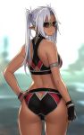  1girl armband ass ass_cutout bangs bare_shoulders black_gloves blurry blurry_background butt_crack closed_mouth commentary commentary_request cowboy_shot dark_skin depth_of_field fingerless_gloves from_behind gloves hand_on_hip highres houtengeki keyhole_bikini light_smile long_hair looking_at_viewer looking_back original outdoors parted_bangs pointy_ears sidelocks silver_hair single_glove solo sportswear standing sunglasses twintails wristband 