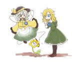  2girls :d arm_behind_back ascot bangs black_hat blonde_hair blue_eyes blush bow brown_shoes clenched_teeth closed_mouth dress flower flowey_(undertale) flying full_body green_dress green_eyes green_hair hair_between_eyes hat hat_bow heart heart_of_string ib iiwake juliet_sleeves komeiji_koishi loafers long_sleeves looking_at_another mary_(ib) multiple_girls open_mouth puffy_sleeves shoes simple_background skirt sleeves_past_wrists smile standing sweat teeth third_eye touhou undertale white_background yellow_bow 