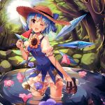  1girl ;d blue_bow blue_eyes blue_hair blue_shirt blue_skirt blush bow breasts cirno collared_shirt commentary_request day eyebrows_visible_through_hair fang flower food forest grass hat holding holding_shoes ice ice_wings kirero leaf light_rays looking_at_viewer mary_janes morning_glory nature one_eye_closed open_mouth outdoors plant popsicle puffy_short_sleeves puffy_sleeves red_ribbon ribbon rock shirt shoes shoes_removed short_hair short_sleeves skirt small_breasts smile solo standing straw_hat summer sunbeam sunflower sunlight tan tanned_cirno touhou tree wading water watermelon_bar wings 
