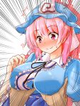  /\/\/\ 1girl ? bangs black_ribbon blue_hat blush breast_grab breasts closed_mouth emphasis_lines erect_nipples eyebrows_visible_through_hair frills grabbing hair_between_eyes hat highres large_breasts mob_cap neck_ribbon nose_blush oshiaki pink_eyes pink_hair ribbon saigyouji_yuyuko short_hair smile solo_focus sweat touhou triangular_headpiece upper_body white_background 