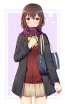  1girl bag blush brown_hair brown_skirt closed_mouth duffel_bag eyebrows_visible_through_hair gamers! hand_on_own_chest highres hoshinomori_chiaki ji_dao_ji looking_at_viewer pink_eyes scarf short_hair skirt smile solo 