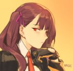  1girl artist_name bangs black_gloves closed_mouth girls_frontline gloves hair_ribbon haje hand_up long_hair looking_at_viewer necktie one_side_up orange_background purple_hair purple_ribbon red_eyes red_necktie ribbon signature sketch solo upper_body wa2000_(girls_frontline) 