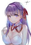  1girl bangs bb_(fate/extra_ccc) blush bra breasts cleavage closed_mouth detached_collar eyebrows_visible_through_hair fate/extra fate/extra_ccc fate_(series) hair_ribbon half_updo large_breasts long_hair looking_at_viewer mirutu neck_ribbon purple_hair red_ribbon ribbon signature simple_background smile solo strapless strapless_bra underwear upper_body violet_eyes white_background white_bra white_collar wing_collar 