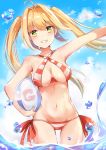  1girl ball beachball bikini blonde_hair blush breasts cleavage earrings fate/grand_order fate_(series) green_eyes grin highres jewelry large_breasts long_hair looking_at_viewer navel nero_claudius_(swimsuit_caster)_(fate) ocean outdoors smile solo standing swimsuit tailam teeth twintails wading 