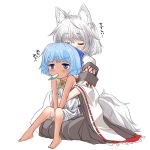  2girls ahoge animal_ears bangs bare_arms bare_shoulders barefoot blue_bow blue_eyes blue_hair blush bow cirno closed_eyes detached_sleeves dress eyebrows_visible_through_hair flower food food_in_mouth hair_bow hakama hug hug_from_behind inubashiri_momiji japanese_clothes kei_kei multiple_girls popsicle ribbon-trimmed_sleeves ribbon_trim seiza sitting sundress sunflower tail tanned_cirno touhou translation_request v_arms white_dress white_hair wide_sleeves wolf_ears wolf_tail 