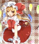  1girl :d abe_suke bangs blonde_hair blush bow bowtie checkered checkered_background cowboy_shot eyebrows_visible_through_hair flandre_scarlet hair_between_eyes hat hat_bow highres long_hair looking_at_viewer mob_cap open_mouth pointy_ears red_bow red_bowtie red_skirt short_sleeves side_ponytail signature skirt skirt_set slit_pupils smile solo touhou white_hat yellow_eyes 