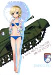  10s 1girl absurdres barefoot bikini blonde_hair blue_bikini blue_eyes breasts caterpillar_tracks character_name churchill_(tank) cleavage collarbone darjeeling emblem frilled_umbrella full_body girls_und_panzer groin ground_vehicle highres holding holding_umbrella looking_at_viewer military military_vehicle motor_vehicle navel short_hair side-tie_bikini simple_background small_breasts smile solo st._gloriana&#039;s_(emblem) standing swimsuit tank umbrella white_background white_umbrella 