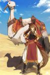  1girl baggy_pants bird blue_sky brown_eyes brown_hair capelet clouds day desert hair_between_eyes hands_on_hips jewelry lansane long_hair looking_at_viewer necklace original outdoors pants pelvic_curtain saddle sky smile solo standing tail tsana_(lansane) wolf_tail wrist_cuffs 