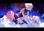  2girls bangs bare_shoulders black_dress black_gloves blonde_hair blue_rose blurry braid breasts dark_sakura depth_of_field dress earrings elbow_gloves expressionless eyebrows_visible_through_hair fate/stay_night fate_(series) flower from_side gloves gothic_lolita hair_ribbon hand_holding highres jewelry joseph_lee letterboxed lolita_fashion matou_sakura medium_breasts multiple_girls red_eyes red_ribbon ribbon rose saber saber_alter sidelocks white_dress white_hair yellow_eyes 