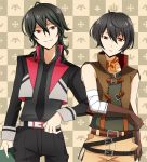  2boys belt black_hair black_necktie black_pants black_shirt brothers brown_gloves brown_vest checkered checkered_background closed_mouth cowboy_shot ensemble_stars! frown gloves looking_at_viewer masako_(sabotage-mode) multiple_boys necktie pants red_eyes sakuma_rei sakuma_ritsu scarf shirt siblings smile 