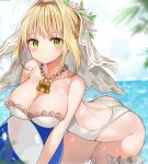 ahoge arched_back ass ball bangs beachball blonde_hair blue_sky blurry breasts bridal_veil chains cleavage closed_mouth clouds collarbone commentary_request day depth_of_field eyebrows_visible_through_hair fate/extra fate/extra_ccc fate_(series) green_eyes hair_intakes lace lace-trimmed_swimsuit large_breasts leaning_forward lock looking_at_viewer melang_b outdoors padlock saber_bride saber_extra sky sparkle swimsuit thigh-highs transparent veil water white_legwear white_swimsuit 