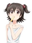  1girl akagi_miria brown_eyes brown_hair collarbone commentary_request eating eyebrows_visible_through_hair food food_in_mouth hair_between_eyes hair_bobbles hair_ornament holding holding_food idolmaster idolmaster_cinderella_girls looking_at_viewer melting off_shoulder popsicle shirt short_hair solo tank_top trg-_(sain) two_side_up upper_body white_shirt 