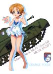  10s 1girl absurdres arm_up barefoot bikini black_bow blue_bikini blue_eyes bow breasts brown_hair caterpillar_tracks character_name churchill_(tank) cleavage collarbone dress emblem full_body girls_und_panzer ground_vehicle hair_bow highres holding holding_shoes looking_at_viewer military military_vehicle motor_vehicle open_mouth orange_pekoe shiny shiny_skin shoes short_dress short_hair simple_background sleeveless sleeveless_dress small_breasts solo st._gloriana&#039;s_(emblem) standing swimsuit tank white_background white_dress 