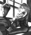  1girl breasts collarbone detached_collar elbow_gloves eyebrows_visible_through_hair gloves hands_on_knee indoors large_breasts lf lolicept looking_to_the_side plant pointy_ears potted_plant short_hair sitting sketch solo thigh-highs windows 