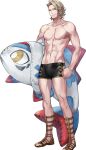  1boy abs blonde_hair fire_emblem fire_emblem_heroes fire_emblem_if fish highres looking_at_viewer male_focus marks_(fire_emblem_if) red_eyes short_hair smile solo swimsuit 