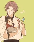  2boys baby black_hair carrying character_doll closed_eyes drooling horikawa_kunihiro izumi-no-kami_kanesada japanese_clothes kasen_kanesada male_focus multiple_boys musical_note purple_hair rattle sleeping tasuki touken_ranbu younger yukko7474 