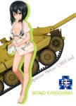  10s 1girl 38(t)_ausf_g_(panzer_waltz) absurdres barefoot bikini black_bikini black_eyes black_hair black_ribbon breasts character_name choker cleavage collarbone dress_shirt emblem full_body girls_und_panzer hair_between_eyes highres kawashima_momo large_breasts long_hair looking_at_viewer o-ring_bikini ooarai_(emblem) red-framed_eyewear ribbon ribbon_choker see-through shiny shiny_skin shirt short_sleeves simple_background solo standing swimsuit wet wet_clothes wet_shirt white_background white_shirt 