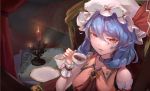  1girl absurdres blue_hair candle candlestand choker cup hair_between_eyes hat highres holding holding_cup looking_at_viewer medium_hair mob_cap nishimachi_snow plate pointy_ears red_eyes red_ribbon remilia_scarlet ribbon solo tea teacup touhou upper_body white_hat wrist_cuffs 