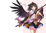  1girl armor bangs belt bird_wings black_hair black_ribbon black_skirt black_wings blush breasts brown_eyes cibo_(killy) cowboy_shot hat holding holding_sword holding_weapon japanese_armor katana kote leaf-pattern_stripe looking_at_viewer medium_breasts mouth_hold neck_ribbon petticoat ribbon shameimaru_aya sheath sheathed short_sleeves single_gauntlet skirt smile solo sword tokin_hat touhou weapon wings 