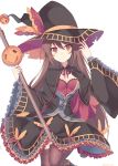 1girl between_legs black_dress black_hat black_legwear brown_eyes brown_hair character_request copyright_request dress hat holding holding_staff long_sleeves rento_(rukeai) solo staff thigh-highs witch witch_hat 
