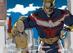  2boys abs all_might bald belt blonde_hair blue_sky boku_no_hero_academia building cape clouds covered_navel gloves hand_on_another&#039;s_shoulder looking_at_viewer multiple_boys muscle one-punch_man saitama_(one-punch_man) shaded_face sky smile smoke superhero teeth waving 