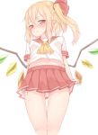  1girl :t ascot bare_legs blonde_hair blush flandre_scarlet hair_ribbon midriff miniskirt panties pointy_ears pout red_eyes red_ribbon red_skirt ribbon sailor_collar sakurea simple_background skirt solo tears thigh_gap touhou underwear white_background white_panties wings 