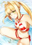  1girl ahoge bikini breasts closed_mouth earrings eyebrows_visible_through_hair fate/grand_order fate_(series) green_eyes highres itadaku jewelry long_hair looking_at_viewer medium_breasts navel nero_claudius_(swimsuit_caster)_(fate) saber_extra smile solo squatting striped striped_bikini swimsuit twintails water wet 