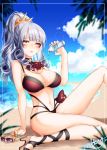  1girl bare_arms bikini blue_nails blue_sky breasts carmilla_(fate/grand_order) cleavage clouds cloudy_sky cravat day fate/grand_order fate_(series) fingernails large_breasts long_hair looking_at_viewer lotion lotion_bottle mokokiyo_(asaddr) nail_polish navel outdoors ponytail red_bikini revision sharp_fingernails silver_hair sitting sky solo summer summertime_mistress_(fate/grand_order) sunglasses swimsuit yellow_eyes 