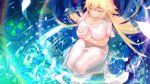  1girl bangs blonde_hair blurry breasts cleavage closed_eyes crossed_bangs depth_of_field dress eyebrows_visible_through_hair fate/apocrypha fate_(series) hair_between_eyes highres interlocked_fingers joseph_lee kneeling large_breasts legs_together long_hair own_hands_together parted_lips petals rainbow ruler_(fate/apocrypha) sidelocks solo very_long_hair white_dress 