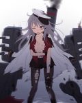  1girl cnm damaged gangut_(kantai_collection) grey_hair hat highres injury kantai_collection long_hair one_eye_closed open_mouth peaked_cap red_eyes solo torn_clothes 