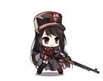  1girl ^_^ animated animated_gif anti-tank_rifle bangs black_hair black_legwear blush chibi closed_eyes closed_mouth garter_straps girls_frontline gun hat holding holding_gun holding_weapon long_hair lowres military military_hat military_uniform official_art pelvic_curtain pzb39_(girls_frontline) sidelocks simple_background smile solo standing swept_bangs thigh-highs uniform weapon white_background 