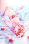  10s 1girl breasts cleavage flower granblue_fantasy henriette_(shingeki_no_bahamut) long_hair looking_at_viewer lying medium_breasts myusha navel on_back open_clothes open_shirt partially_submerged red_eyes redhead shingeki_no_bahamut shirt solo water wet wet_clothes white_shirt 
