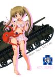  10s 1girl absurdres barefoot bikini bikini_skirt black_ribbon brown_hair caterpillar_tracks collarbone emblem eyebrows_visible_through_hair full_body girls_und_panzer green_eyes ground_vehicle hair_ribbon highres long_hair m3_lee military military_vehicle motor_vehicle navel octopus ooarai_(emblem) oono_aya open_mouth pink_bikini ribbon shiny shiny_skin simple_background solo standing swimsuit tank twintails white_background 