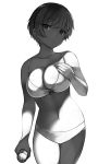  1girl bow bow_bra bra can collarbone cowboy_shot greyscale hand_on_own_chest lolicept looking_to_the_side monochrome navel original short_hair solo underwear white_background 