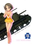  10s 1girl absurdres barefoot breasts brown_eyes brown_hair casual_one-piece_swimsuit caterpillar_tracks character_name cleavage collarbone emblem full_body girls_und_panzer ground_vehicle highres layered_bikini looking_away m3_lee maruyama_saki military military_vehicle motor_vehicle one-piece_swimsuit ooarai_(emblem) orange_swimsuit shiny shiny_skin short_hair simple_background small_breasts solo standing swimsuit tank white_background 