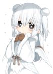  1girl bangs blue_eyes blush closed_mouth cowboy_shot feathered_wings hair_bobbles hair_ornament long_hair long_sleeves looking_at_viewer mittens mofuaki original petite pointy_ears sidelocks solo tareme two_side_up white_hair white_wings wide_sleeves wings 