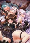  3girls :d aqua_hair bare_shoulders belt blue_eyes blush boots bottle braid breasts brown_eyes brown_hair cleavage closed_eyes doraf drooling drunk fingerless_gloves forte_(shingeki_no_bahamut) full-face_blush gloves granblue_fantasy hair_over_one_eye highres holding holding_bottle horns jpeg_artifacts large_breasts lavender_hair long_hair looking_at_viewer lying multiple_girls narumeia_(granblue_fantasy) no_shoes on_back on_side open_mouth panties pantyshot pleated_skirt pointy_ears rumredda skirt smile sweatdrop thick_thighs thigh-highs thigh_boots thigh_strap thighs torn_clothes torn_thighhighs twin_braids underwear very_long_hair wavy_mouth wine_bottle zanzi 