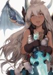  10s 1girl armor armored_dress black_gloves blush brown_eyes dark_skin dragon gloves granblue_fantasy hews_hack highres holding holding_sword holding_weapon long_hair open_mouth simple_background smile solo sword the_order_grande weapon white_background white_hair 