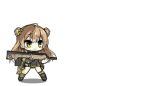  1girl ^_^ animated animated_gif assault_rifle bangs bow brown_hair bullpup chibi closed_eyes closed_mouth double_bun girls_frontline green_bow green_eyes green_legwear gun hair_bow holding holding_gun holding_weapon jumping kel-tec_rfb long_hair lowres mismatched_legwear official_art open_mouth rfb_(girls_frontline) rifle simple_background smile solo weapon white_background wind 