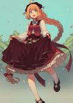  1girl ahoge apron apron_hold aqua_eyes blonde_hair bow braid flower frilled_skirt frills long_hair looking_at_viewer open_mouth original peroncho skirt solo twin_braids very_long_hair vest 