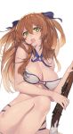  1girl :o absurdres bangs bikini blue_ribbon breasts cleavage girls_frontline gun hair_between_eyes hair_ribbon highres holding holding_gun holding_weapon knee_up large_breasts long_hair looking_down m1903_springfield m1903_springfield_(girls_frontline) nandade9 o-ring_bikini open_mouth parted_lips ribbon rifle simple_background sitting solo surprised swimsuit teeth two_side_up wardrobe_malfunction weapon white_background white_bikini 